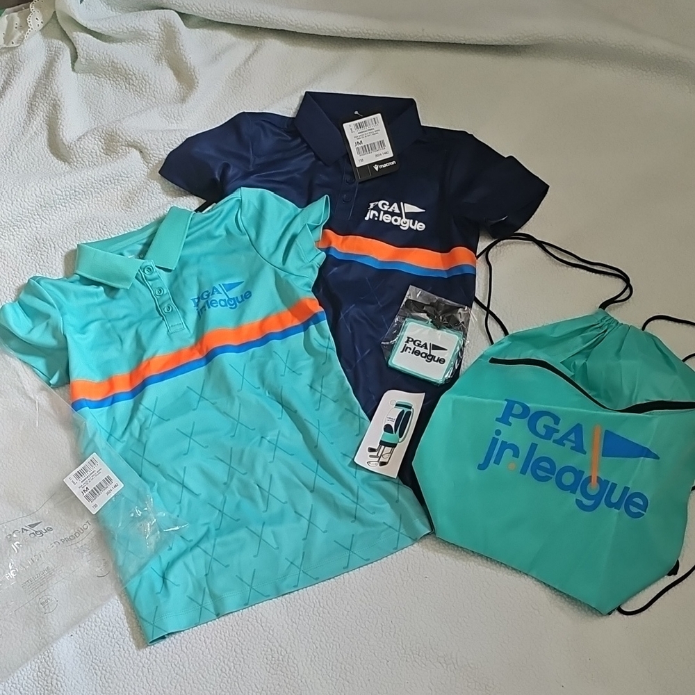 NEW Set 2 MACRON PGA JR League Polo Shirts Navy + Aqua BAG + TAG PENNINGTON 12